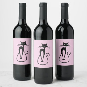 Étiquette Pour Bouteilles De Vin Whimsical Skinny Chat noir rose