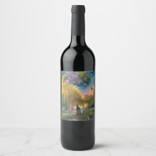 Étiquette Pour Bouteilles De Vin Willow d'or au coucher du soleil près de l'étang