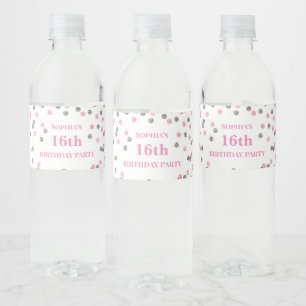 Étiquette Pour Bouteilles D'eau 16e anniversaire Pink Silver Confetti
