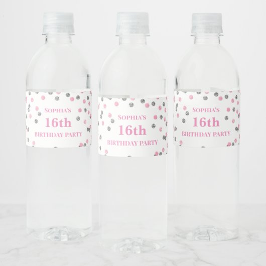 Étiquette Pour Bouteilles D'eau 16e anniversaire Pink Silver Confetti (Bouteilles)
