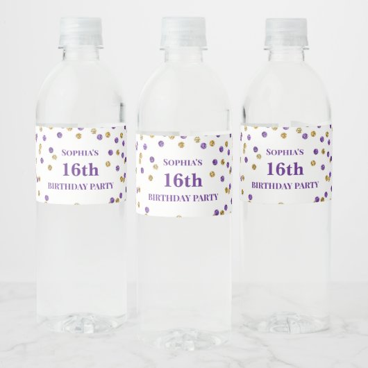 Étiquette Pour Bouteilles D'eau 16e anniversaire Purple Gold Confetti (Bouteilles)