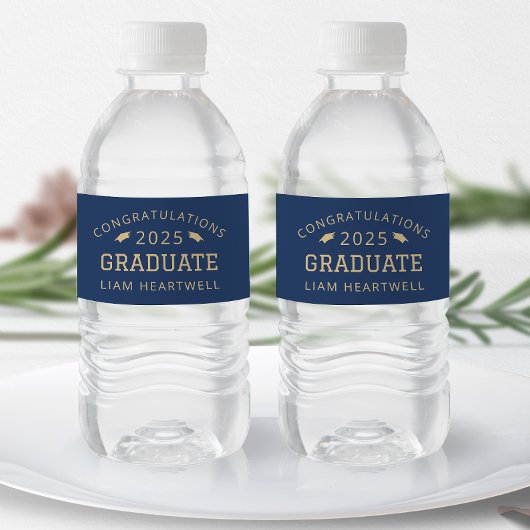 Étiquette Pour Bouteilles D'eau 2025 Sporty Navy Blue Gold Graduation