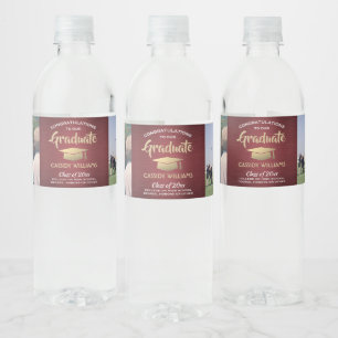 Étiquette Pour Bouteilles D'eau 2 Photo Graduation Brushed Burgundy Red Gold White