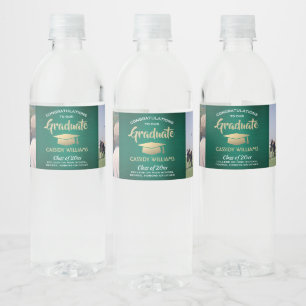 Étiquette Pour Bouteilles D'eau 2 Photo Graduation Party Brushed Green Gold White