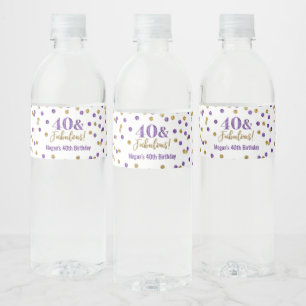 Étiquette Pour Bouteilles D'eau 40 et fabuleux Confetti d'or violet d'anniversaire