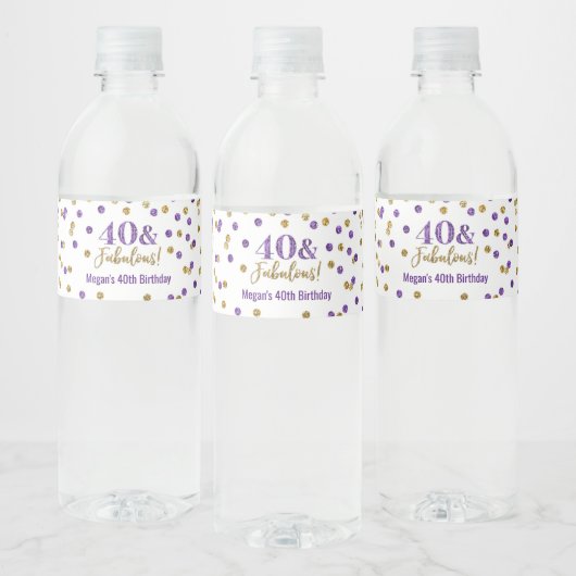 Étiquette Pour Bouteilles D'eau 40 & Fabuleux Anniversaire Purple Gold Confetti (Bouteilles)
