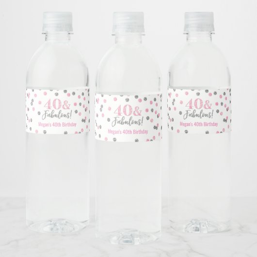 Étiquette Pour Bouteilles D'eau 40 & Fabuleux Anniversaire Rose Silver Confetti (Bouteilles)