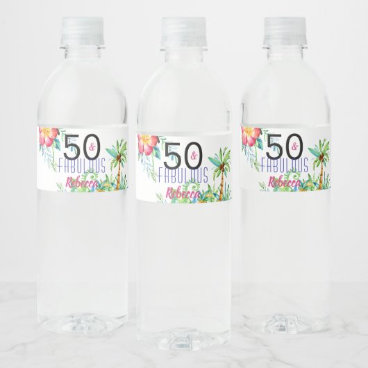 Étiquette Pour Bouteilles D'eau 50 & Fabuleux Tropical Floral Nom 50e anniversaire (Bouteilles)