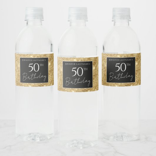 Étiquette Pour Bouteilles D'eau 50e anniversaire Shimmer noir et or (Bouteilles)
