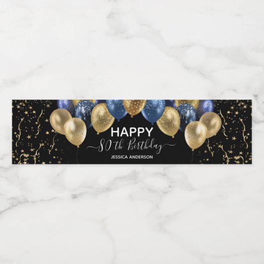 Étiquette Pour Bouteilles D'eau 80e anniversaire Ballons Bleus Or (Étiquettes simples)