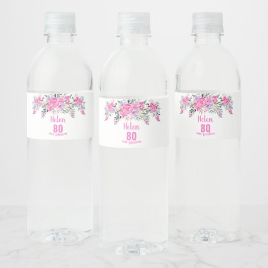 Étiquette Pour Bouteilles D'eau 80e anniversaire rose floral (Bouteilles)
