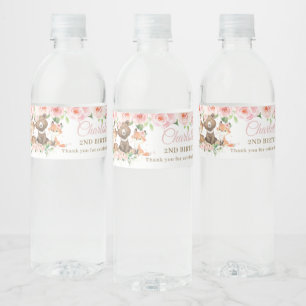 Étiquette Pour Bouteilles D'eau Animaux boisés mignons Fille rose Floral Anniversa