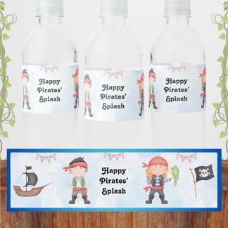 Étiquette Pour Bouteilles D'eau Anniversaire de enfant pirate sur bleu
