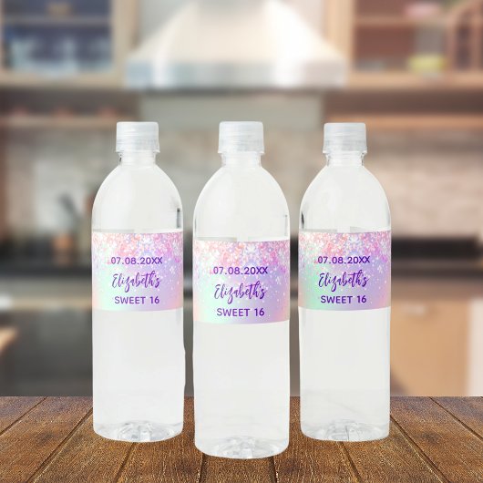 Étiquette Pour Bouteilles D'eau Anniversaire fête holorgraphic rose violet
