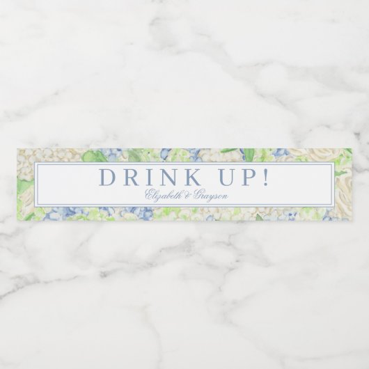 Étiquette Pour Bouteilles D'eau Aquarelle Bleu et Blanc Hydrangea Crest (Étiquettes simples)