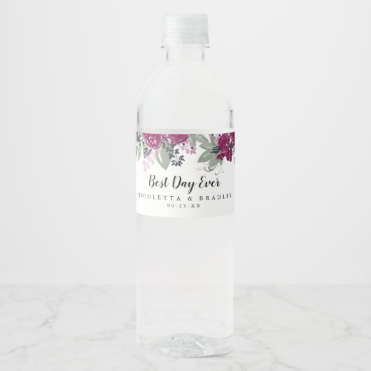 Étiquette Pour Bouteilles D'eau Aquarelle Bourgogne Vin Floral Boho Mariage (Devant)