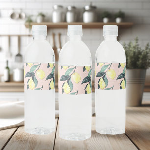 Étiquette Pour Bouteilles D'eau Aquarelle Citrons et Feuilles Motif jaune sans cou