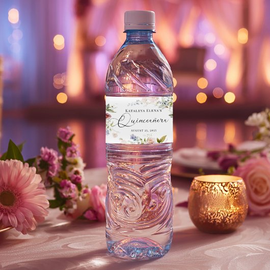 Étiquette Pour Bouteilles D'eau Aquarelle Florale Quinceanera