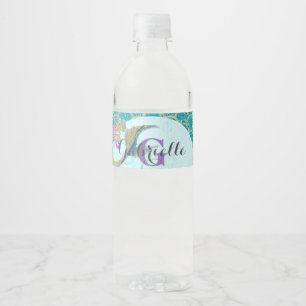 Étiquette Pour Bouteilles D'eau Aquarelle mignonne de sirène Monogramme Turquoise
