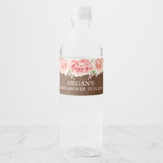 Étiquette Pour Bouteilles D'eau Aquarelle rose Fleurs Baby shower en bois Brown (Devant)