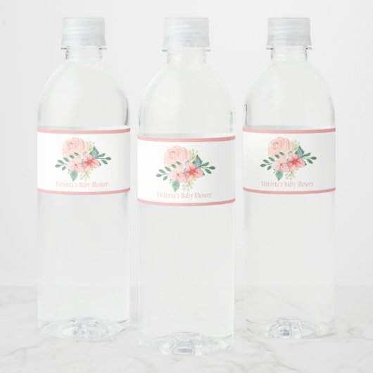 Étiquette Pour Bouteilles D'eau Aquarelle rose Floral Nom bébé fille Douche (Bouteilles)
