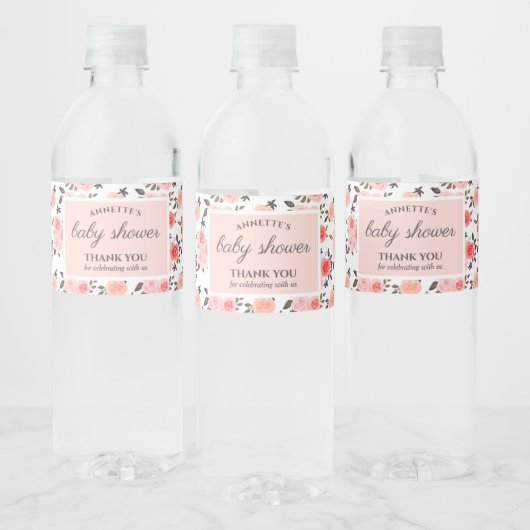 Étiquette Pour Bouteilles D'eau Aquarelle rose Roses Baby shower chic (Bouteilles)
