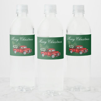 Étiquette Pour Bouteilles D'eau Aquarelle Vintage Camion rouge Joyeux Noël Vert