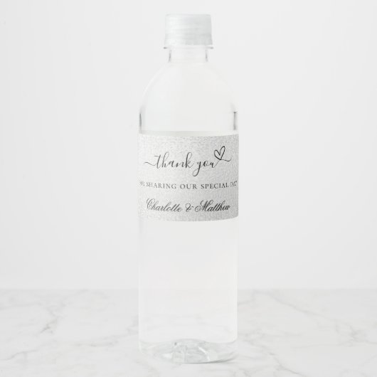Étiquette Pour Bouteilles D'eau Argent boho script coeur mariage merci (Devant)