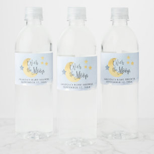 Étiquette Pour Bouteilles D'eau Au-dessus de la lune, Baby shower d'aquarelle bleu