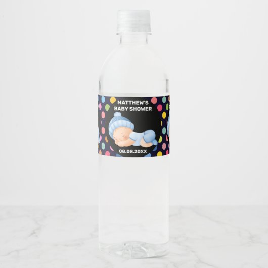 Étiquette Pour Bouteilles D'eau Baby shower bleu, Bébé Garçon Douche (Devant)