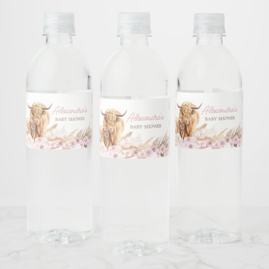 Étiquette Pour Bouteilles D'eau Baby shower de vache rose Highland (Bouteilles)