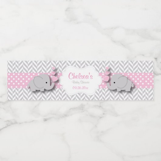 Étiquette Pour Bouteilles D'eau Baby shower d'éléphant rose, gris blanc (Étiquettes simples)