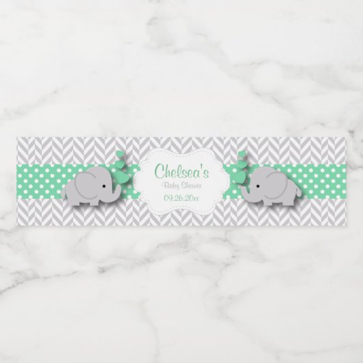 Étiquette Pour Bouteilles D'eau Baby shower d'éléphant vert, gris blanc (Étiquettes simples)