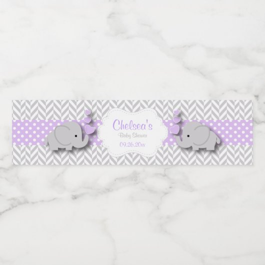 Étiquette Pour Bouteilles D'eau Baby shower d'éléphant violet blanc gris (Étiquettes simples)