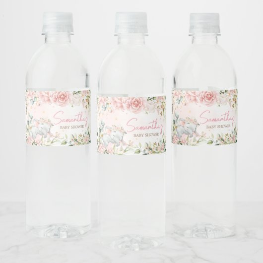Étiquette Pour Bouteilles D'eau Baby shower d'éléphants floraux rose (Bouteilles)