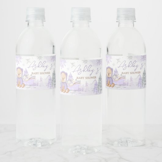 Étiquette Pour Bouteilles D'eau Baby shower d'ours d'hiver violet (Bouteilles)