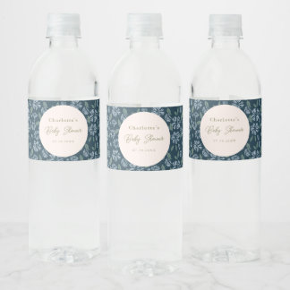 Étiquette Pour Bouteilles D'eau Baby shower floral à fleurs de givre de la marine