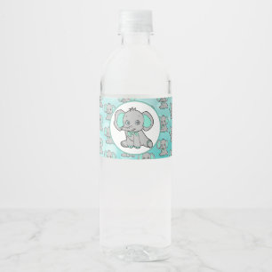Étiquette Pour Bouteilles D'eau Baby shower orienté d'éléphant turquoise et gri