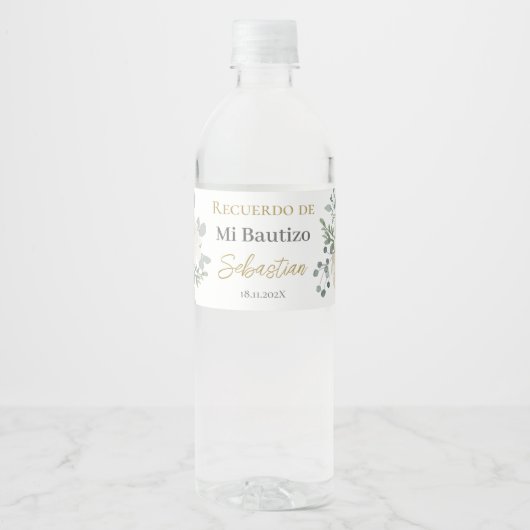 Étiquette Pour Bouteilles D'eau Baptême floral blanc (Devant)