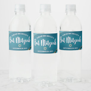 Étiquette Pour Bouteilles D'eau Bat Mitzvah Moderne Turquoise Bleu Ombré Agate Dor