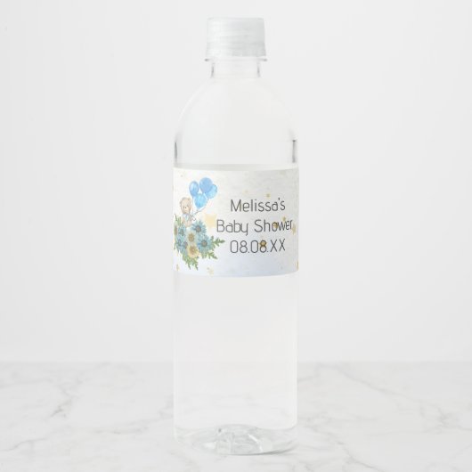 Étiquette Pour Bouteilles D'eau Beary boho arc-en-ciel bleu ballon personnalisé (Devant)