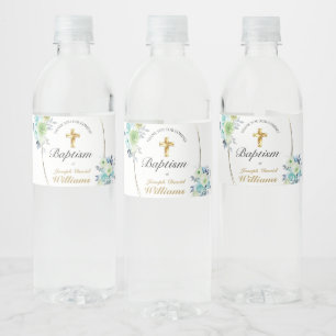Étiquette Pour Bouteilles D'eau Beau bleu Floral Gold Cross Baby Baptism