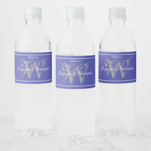 Étiquette Pour Bouteilles D'eau Beau Bleu, Monogramme, Rustique Mariage Chic