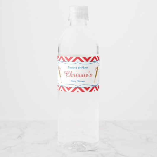 Étiquette Pour Bouteilles D'eau Bébé baseball chevron rouge et blanc (Devant)