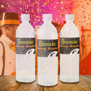 Étiquette Pour Bouteilles D'eau Black avec White Spider Webs et mignon Fantôme mod