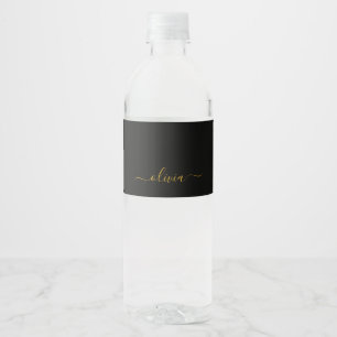 Étiquette Pour Bouteilles D'eau Black Gold Modern Script Girl Monogramme Nom