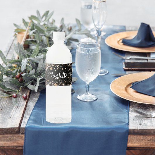 Étiquette Pour Bouteilles D'eau Black gold sparkles nom script