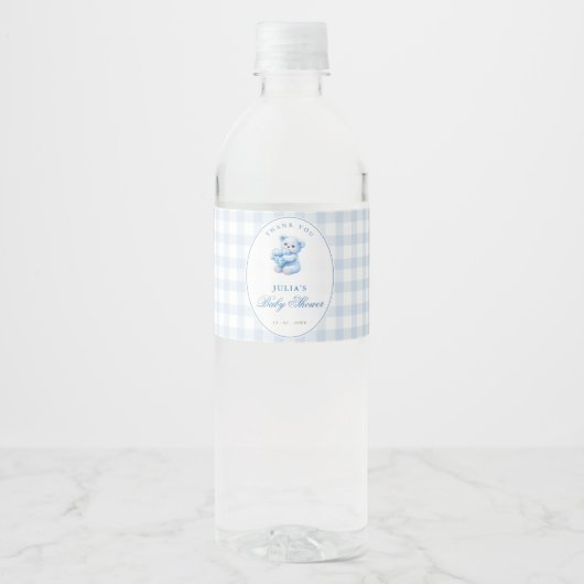 Étiquette Pour Bouteilles D'eau Blue Gingham Teddy Bear Neutral Baby Shower (Devant)