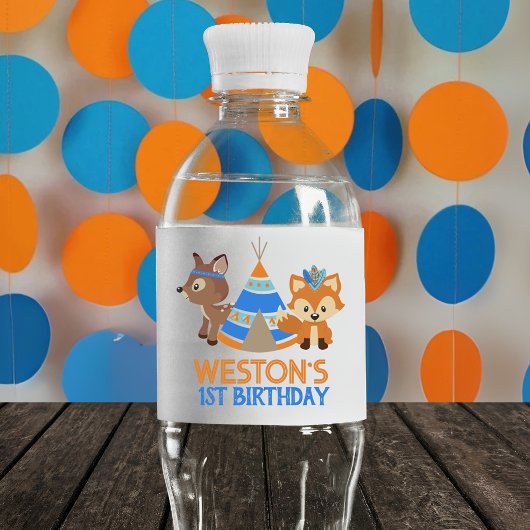 Étiquette Pour Bouteilles D'eau Blue Woodland Fox & Deer Anniversaire