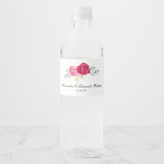 Étiquette Pour Bouteilles D'eau Botanique de rose rouge et rose (Devant)
